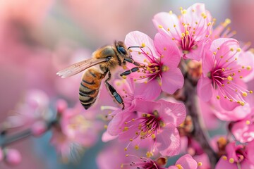 Bee on pink flower, blurred background