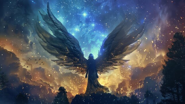 angel messenger of god man with wings in night sky illustration