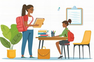 Woman child desk books sitting