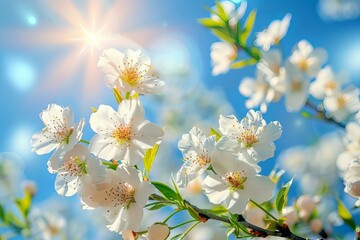 A tree with white flowers in sunlight