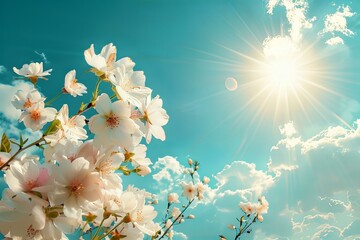 White flowers blooming under blue sky with sun