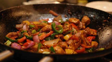 A wok with colorful vegetables and chicken pieces being fried in oil, ready to be served as an Asian dish called Kung Pao sauce on the stove of modern kitchen at home