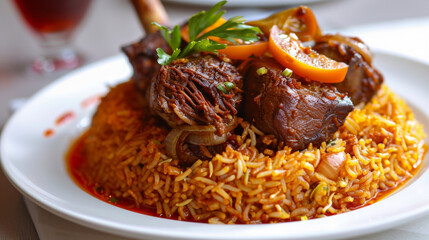 Succulent lamb shank atop fragrant spiced rice, adorned with herbs and a tomato slice