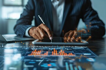 Person typing on laptop with pen and tablet