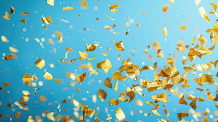 Gold confetti festive blue background.