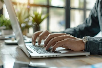 Person typing on laptop computer on wooden table