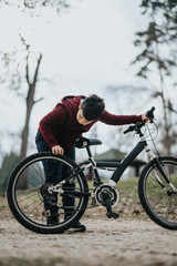 A detailed look as a young person attentively inspects a bicycle's wheel while standing on a dirt trail, hinting at a sense of adventure or maintenance.