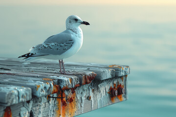 A solitary seagull perched on a weathered dock, observing the ebb and flow of the tide. Concept of...