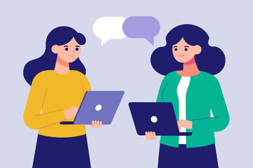 Two women standing side by side, engaged in conversation while using laptops, two women chatting using mobile phones and laptops, Simple and minimalist flat Illustration