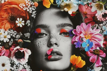 portrait of a woman with flowers, collage of black and white monochrome photo and vibrant blooms and makeup