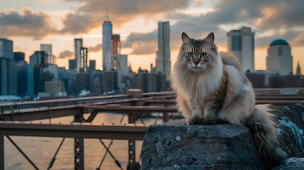 Birman Cat Perched on Brooklyn Bridge Pillar with NYC Skyline