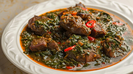 Hearty lamb stew served with fresh greens and red chili, perfect for a warm, comforting meal on an ornate white plate