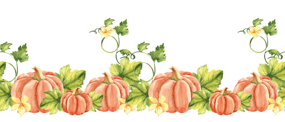 Pumpkin horizontal Watercolor Seamless Border Pattern. Hand drawn botanical illustration. Can be used for fabric, kitchen textile, packaging print and product design.