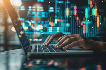 Person typing laptop, city background