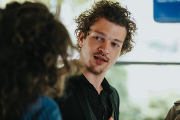 Young man with curly hair having a conversation in a relaxed indoor setting, displaying emotion and...