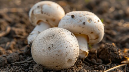 Closeup photograph of button mushrooms in the ground