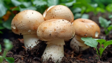 Closeup photograph of button mushrooms in the ground