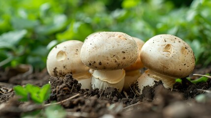 Closeup photograph of button mushrooms in the ground