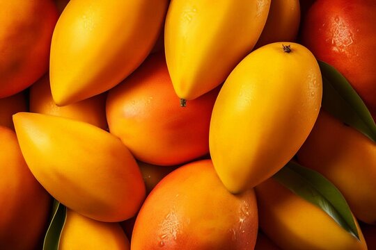 A bunch of yellow and orange mangoes with green leaves
