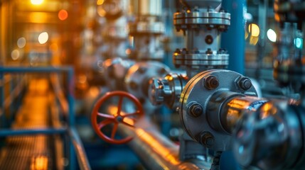 Obraz premium A series of pumps and valves in a chemical processing plant are outfitted with thermal insulation sleeves to prevent temperature fluctuations.