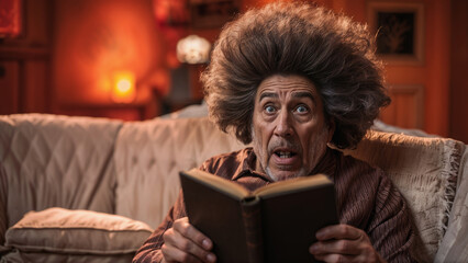 Distinguished elderly gentleman left shocked in disbelief making his hair stand up of what he read in a book, sitting on cozy sofa in a living room with warm orange lighting and ambiance. 
