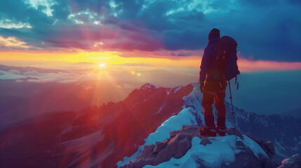 Man with mountain equipment at the top of a mountain looking at the sunset with blue tones. Generative AI.