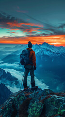 Man with mountain equipment at the top of a mountain looking at the sunset with blue tones. Generative AI.