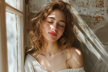 Fototapeta premium Woman with long hair leaning against a window