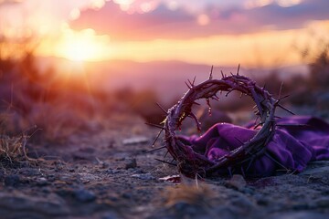 Crown of thorns on purple cloth in desert