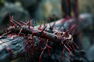 Bunch of sharp red spikes on a wooden surface
