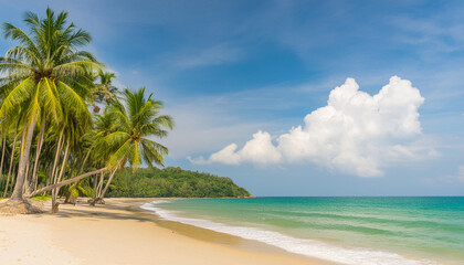 Beautiful tropical beach sea ocean with coconut and other tree around white cloud on blue sky