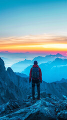 Fototapeta premium Man with mountain equipment at the top of a mountain looking at the sunset with blue tones. Generative AI.