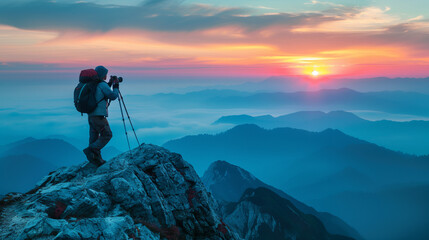 Man with mountain equipment at the top of a mountain looking at the sunset with blue tones. Generative AI.
