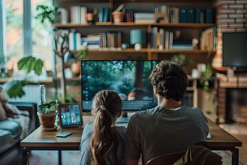Obraz premium Two people sitting at a table watching tv