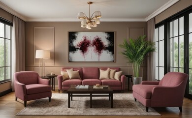 Obraz premium gray and marble luxury living room interior with sleek furniture and a vertical garden