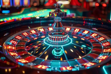 Close up of a neon-lit roulette wheel in a casino