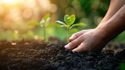 Hands planting a growing sprout in the earth, human responsibility for nature conservation, symbolic gesture for environmental protection. Generative AI.