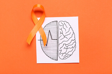 Drawing of brains and orange ribbon on color background. Multiple Sclerosis Awareness Month