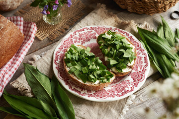 Fresh wild garlic or ramson leaves on a slices of sourdough bread