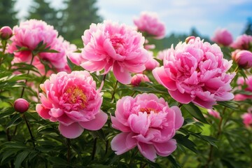 Lush Spring peony flower garden. Botanical nature. Generate Ai