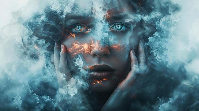 Person confronting fears using visualization techniques, supportive elements around