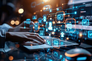 Person typing laptop screen icons