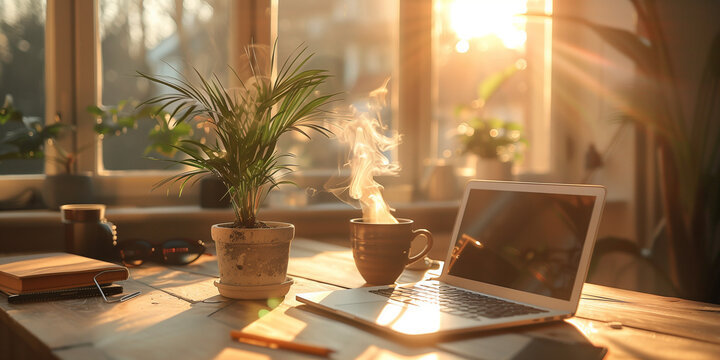 Cozy Home Office with Morning Sunlight - Generative AI