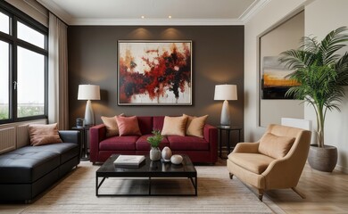 gray and marble luxury living room interior with sleek furniture and a vertical garden