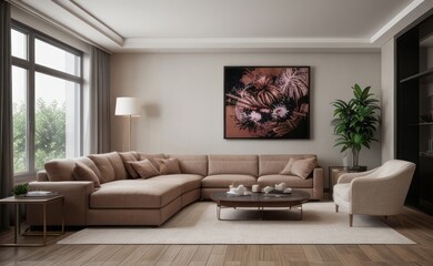 Sophisticated professional photograph of a burgundy and rose gold luxury living room interior with abstract art and indoor palm trees