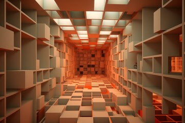 Simplistic Square blocks room design. Cube style decoration render. Generate Ai