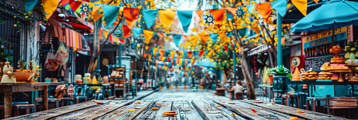 Fototapeta premium Colorful Festival Decor with Flags and Bunting, Vibrant Street Party Atmosphere, Celebratory Outdoor Event