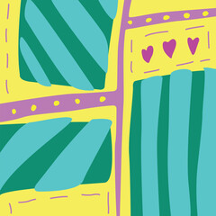 Hand drawn bright abstract yellow background with pink and green shapes and stripes. Decorative design element with cute yellow dots and pink hearts and lines. Vector illustration