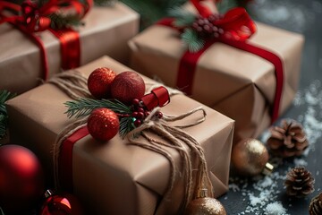 Three gifts red bows ornaments
