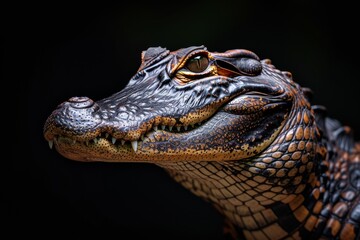 Obraz premium Mystic portrait of Black Caiman, copy space on right side, Anger, Menacing, Headshot, Close-up View Isolated on black background